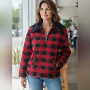 Rachel Zoe Buffalo Plaid Wool Quarter Zip Sherpa Pullover Size S Red & Black